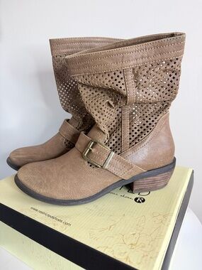 Restricted Perforated Taupe Ankle Boots with Buckle